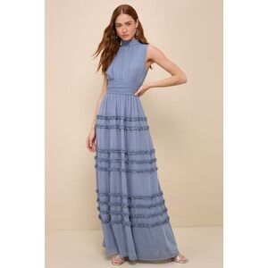 Lulus Enchantingly Sweet Slate Blue Chiffon Backless Maxi Dress - Size XS